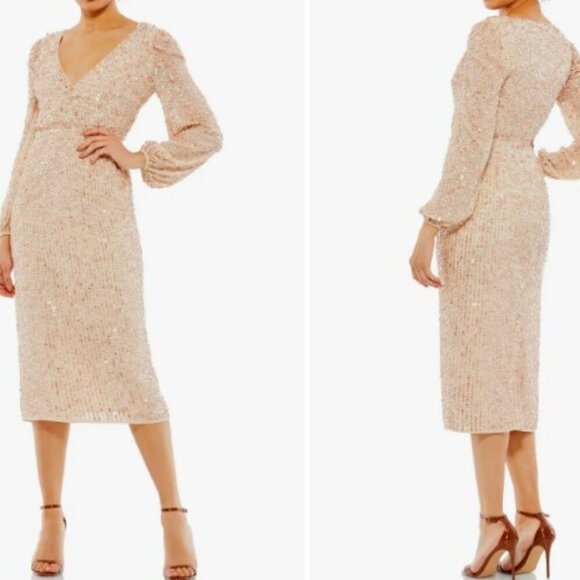 NWT MAC DUGGAL Sequin Long Sleeve Cocktail Midi Dress Nude 14 MSRP $398 - Picture 1 of 7